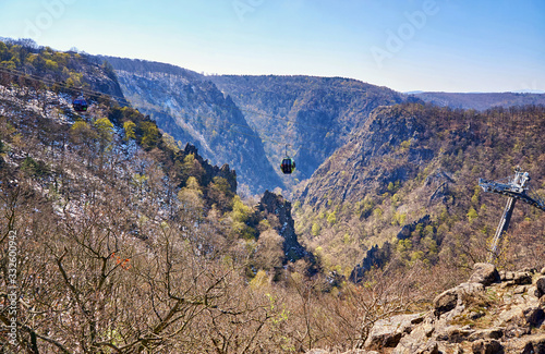 View of the mountains from Thale with cable car. Saxony-Anhalt, Harz, Germany