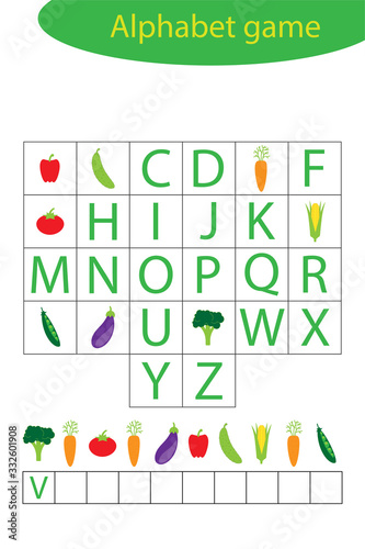 Vegetables alphabet game for children, make a word, preschool worksheet activity for kids, educational spelling scramble game for the development of children, vector illustration