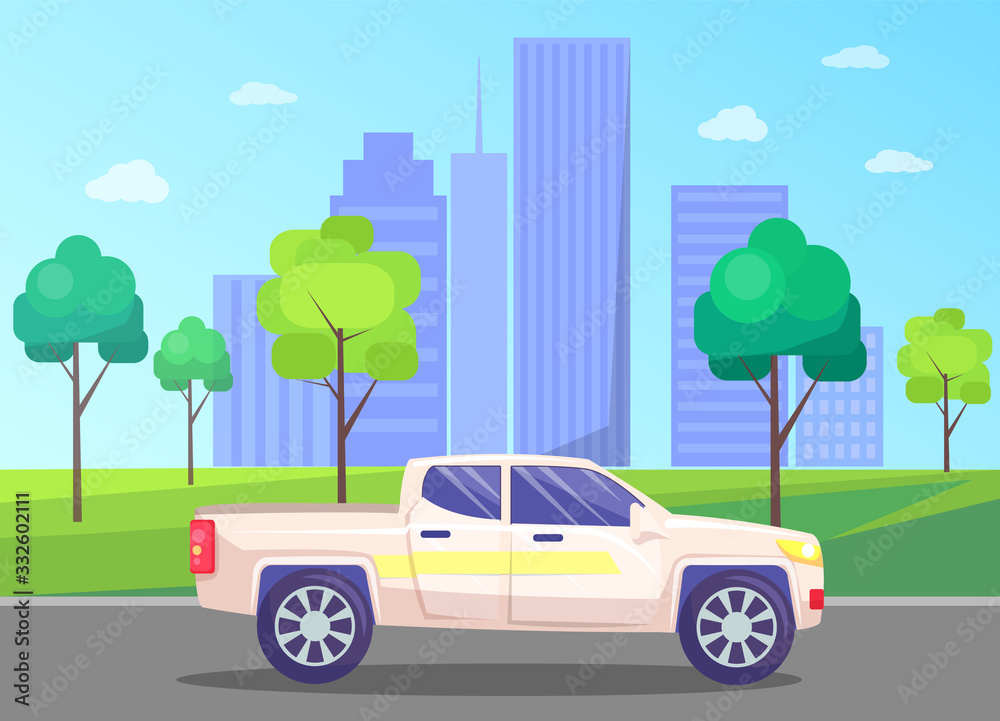 Car passing business center of big city. Cityscape with skyscrapers and modern architecture. Skyline and vehicle on road with trees and greenery. Summer townscape and street. Vector in flat style