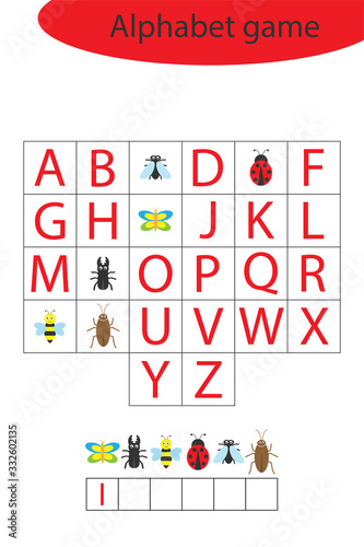 Insect alphabet game for children, make a word, preschool worksheet activity for kids, educational spelling scramble game for the development of children, vector illustration