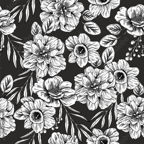 Fototapeta Naklejka Na Ścianę i Meble -  Seamless pattern with colors in black and white on a black background. Anemones, peonies, leaves