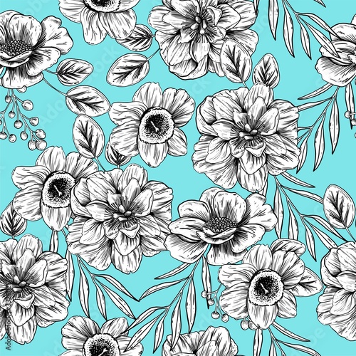 Seamless pattern with colors. Black and white flowers on a mint blue background. For invitations, weddings, fabrics, clothing