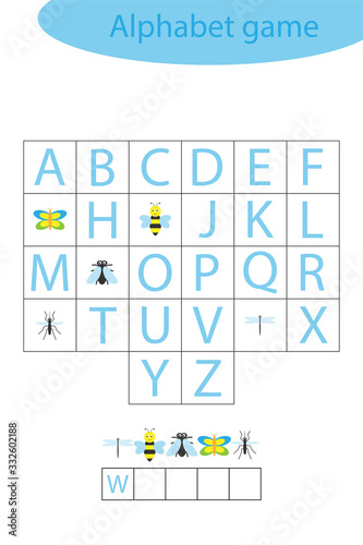 Insect alphabet game for children, make a word, preschool worksheet activity for kids, educational spelling scramble game for the development of children, vector illustration