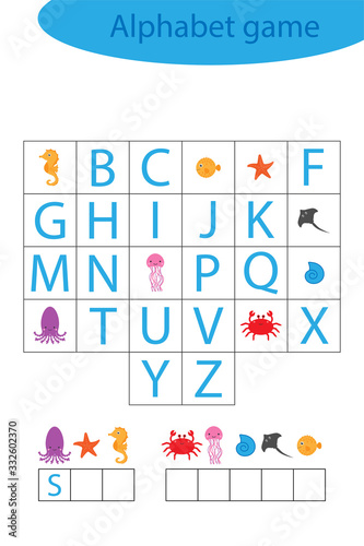 Sea world alphabet game for children, make a word, preschool worksheet activity for kids, educational spelling scramble game for the development of children, vector illustration