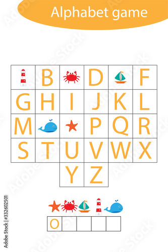 Ocean nimals alphabet game for children, make a word, preschool worksheet activity for kids, educational spelling scramble game for the development of children, vector illustration