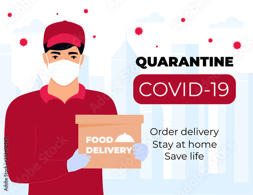 COVID-19. Quarantine in the city. Coronavirus epidemic. A courier in a protective medical mask holds parcels in his hands. Free food delivery. Stay home.