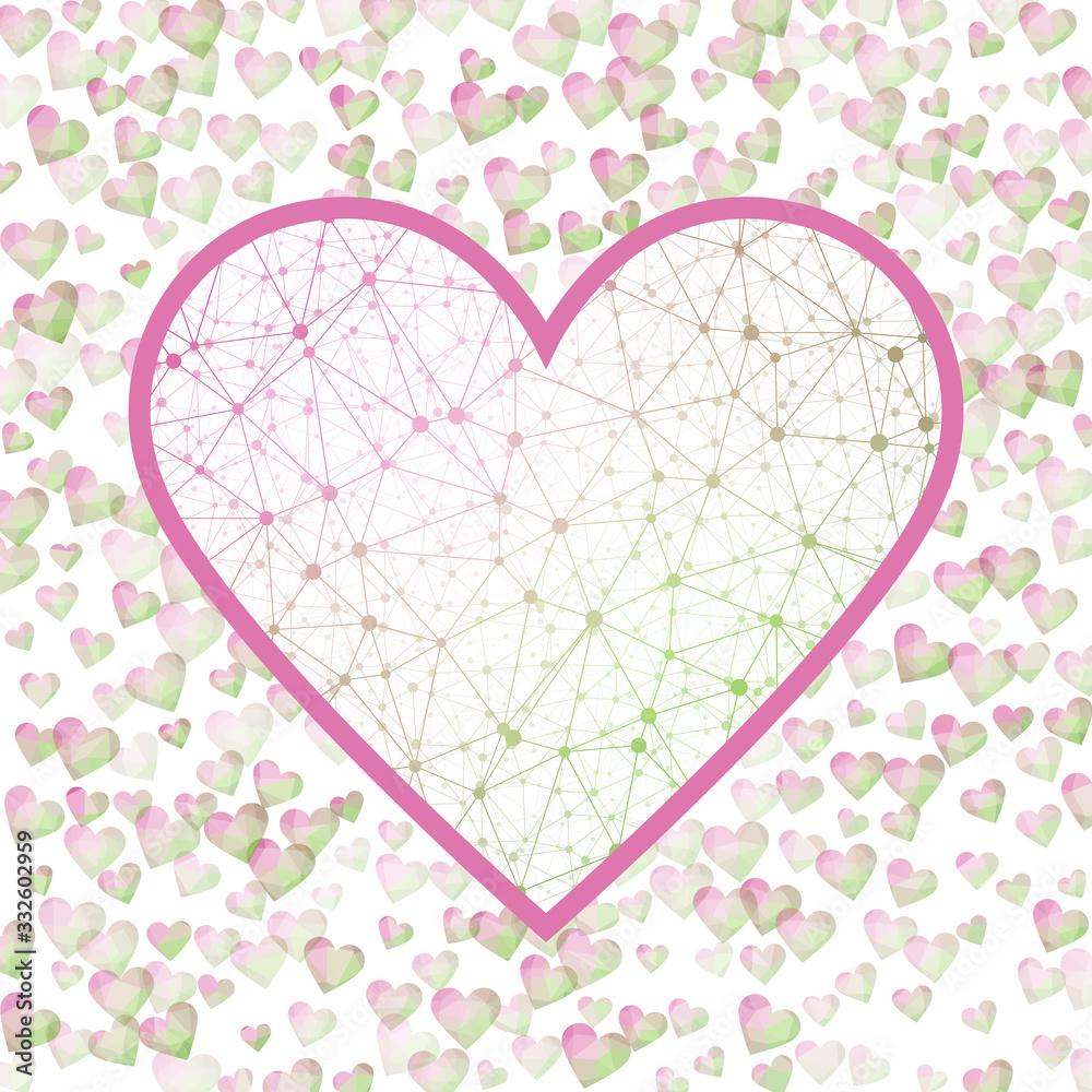 Valentine Day Sign. Geometric heart mesh in purple yellow green color shades, purple yellow green connections. Artistic network style vector illustration.