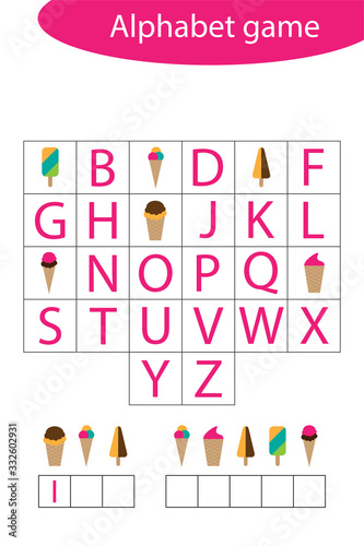 Summer alphabet game for children, make a word, preschool worksheet activity for kids, educational spelling scramble game for the development of children, vector illustration