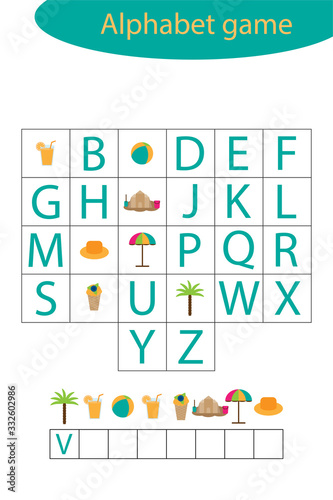 Summer alphabet game for children, make a word, preschool worksheet activity for kids, educational spelling scramble game for the development of children, vector illustration