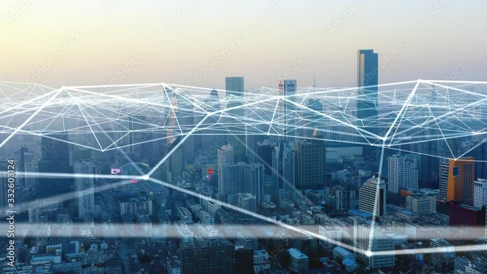 smart Connected city skyline. Futuristic network concept, city Technology.	
