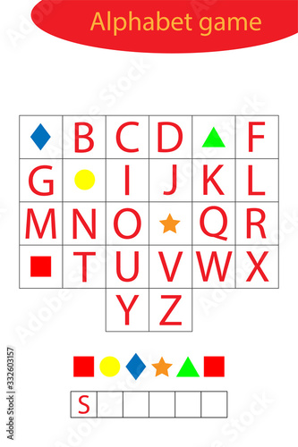 Shapes alphabet game for children, make a word, preschool worksheet activity for kids, educational spelling scramble game for the development of children, vector illustration
