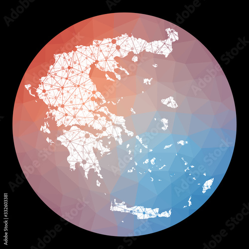 Vector network Greece map. Map of the country with low poly background. Rounded Greece illustration in technology, internet, network, telecommunication concept style. Artistic vector illustration.