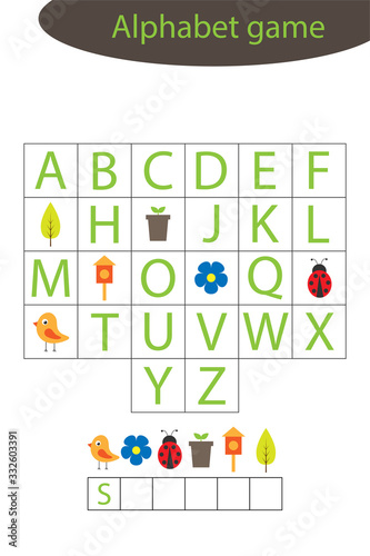 Spring alphabet game for children, make a word, preschool worksheet activity for kids, educational spelling scramble game for the development of children, vector illustration
