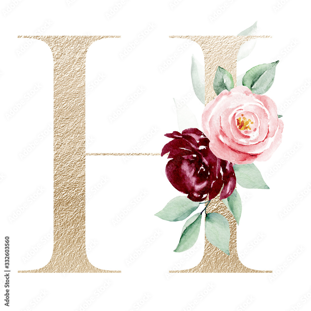 Gold letter h with watercolor flowers and leaves hand painting ...