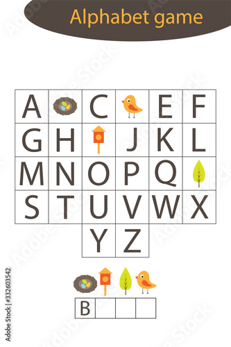 Spring alphabet game for children, make a word, preschool worksheet activity for kids, educational spelling scramble game for the development of children, vector illustration