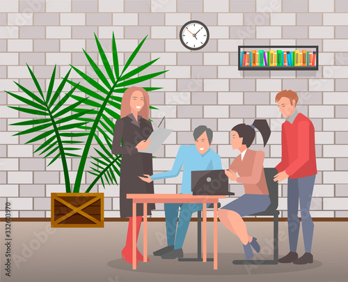 People working on new business concept. Employer and employees thinking about ideas for development of company and organizing space. Brainstorming man and woman with laptop vector in flat style