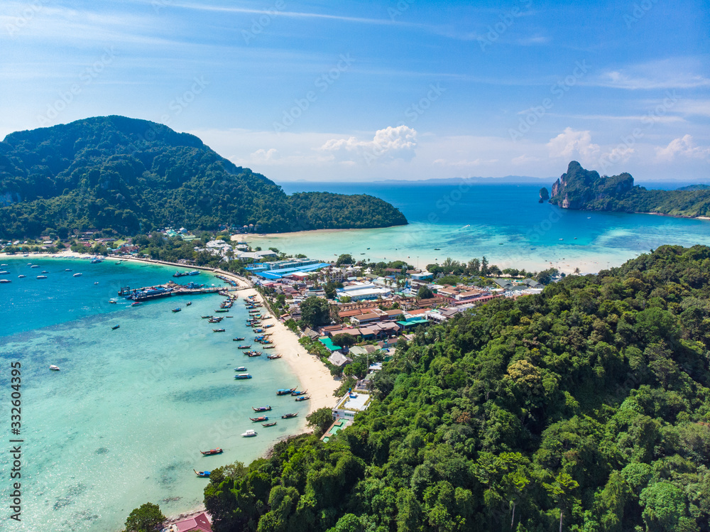 Aerial view Tropical island with resorts - Phi-Phi island, Krabi Province, Thailand