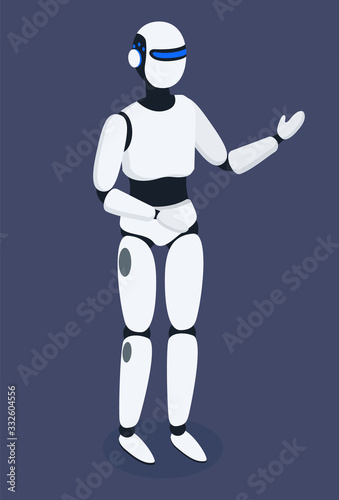 Robot cybernetic organism, humanoid robot, futuristic technologies vector. Artificial intelligence technology, robot device with AI, virtual interface. Cyborg or android model with hands and legs