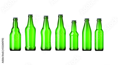 Vector of a range of various shaped green glass beer bottles