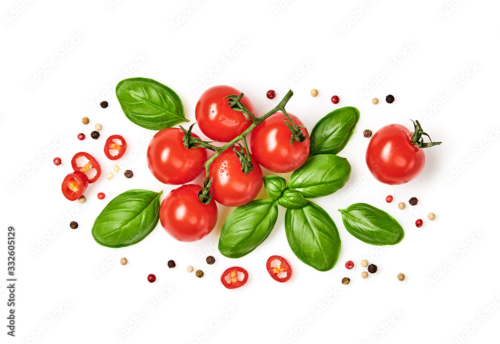 Fototapeta Wiśnia pomidorowa, bazylia, przyprawy, papryczka chili. Świeże pomidory ekologiczne, na białym tle. Dieta wegetariańska wegańska. Bazylia, zioło, pomidorki koktajlowe, koncepcja gotowania, widok z góry.