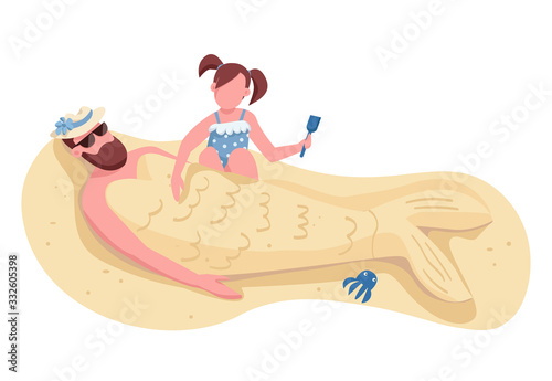 Daughter burying dad in sand flat color vector faceless characters. Family summertime entertainment, recreation on beach isolated cartoon illustration for web graphic design and animation