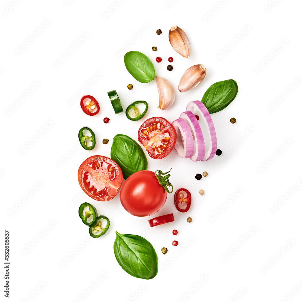 Tomato, basil, spices, chili pepper, onion. Vegan diet food, creative composition isolated on white. Fresh basil, herb, tomatoes, cooking concept, top view. Tomato, basil, spices, chili pepper, onion. Vegan diet food, creative composition isolated on white. Fresh basil, herb, tomatoes, cooking concept, top view.