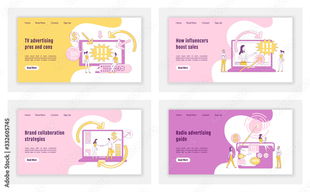 Digital advertising landing page flat silhouette vector template set. Marketing technology homepage layout. Branding one page website interface with cartoon outline character. Web banner, webpage Digital advertising landing page flat silhouette vector template set. Marketing technology homepage layout. Branding one page website interface with cartoon outline character. Web banner, webpage