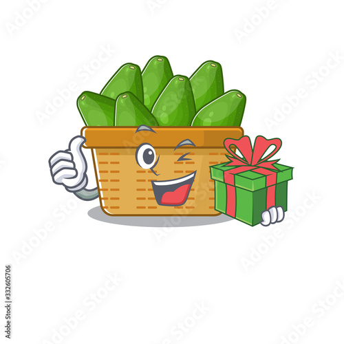 Smiley avocado fruit basket cartoon character having a gift box