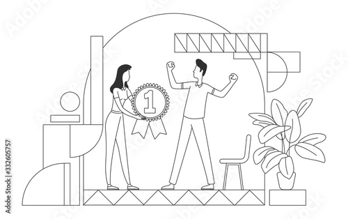 Employee recognition award thin line vector illustration. Employer and best worker outline characters on white background. Staff motivation, talent appreciation, HR management simple style drawing