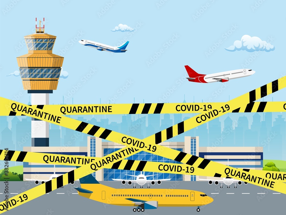 Coronavirus COVID-19 quarantine in airport, yellow tapes. Flight cancellation, concept of quarantine prevention of coronavirus. Vector illustration in flat style