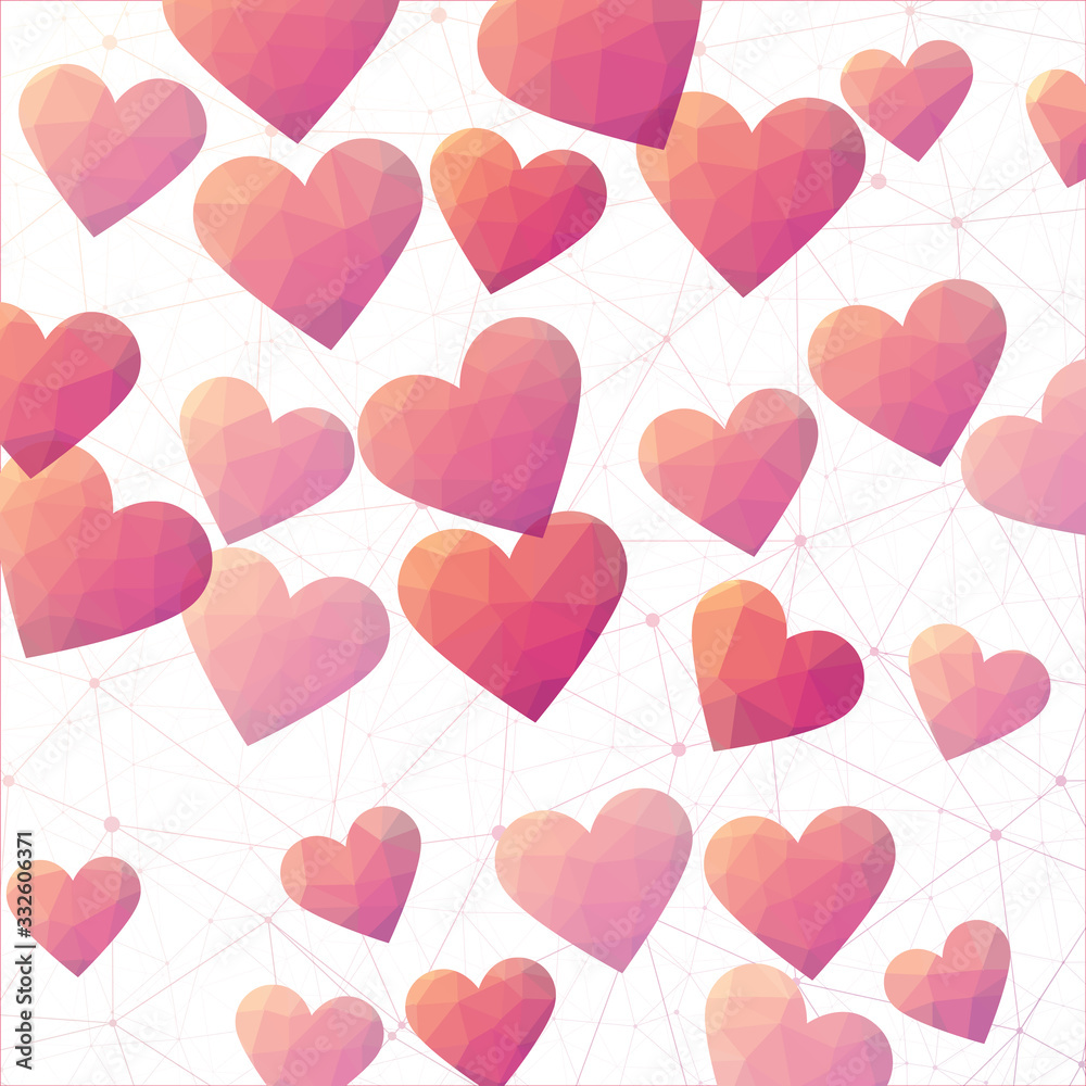 Valentine day background with geometric hearts. Polygonal hearts in sunset dark colors. Appealing digital design. Authentic vector illustration.