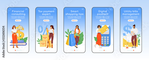 Taxes payment help onboarding mobile app screen flat vector template. Financial assistance walkthrough website steps with characters. UX, UI, GUI smartphone cartoon interface, case prints set