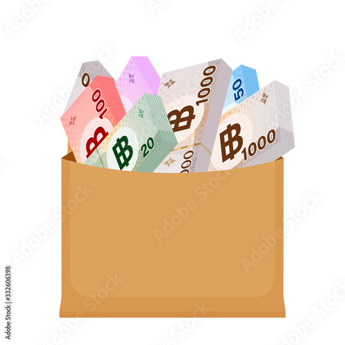 thai baht banknote money in bag paper isolated on white, thai currency banknote THB many in the bag paper brown, money thailand baht for icon, illustration paper money with B symbol graphic