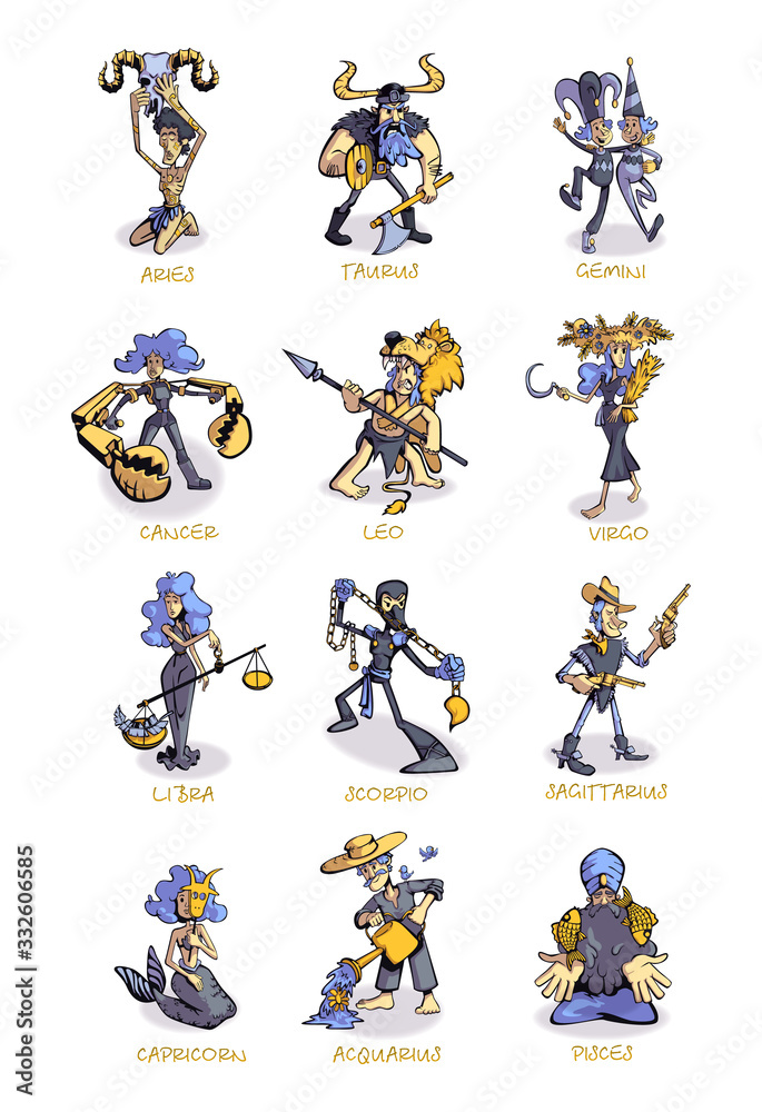 Zodiac signs characteristics flat cartoon vector illustrations kit. Horoscope calendar symbols personalities. Ready to use 2d comic character set templates for commercial, animation, printing Zodiac signs characteristics flat cartoon vector illustrations kit. Horoscope calendar symbols personalities. Ready to use 2d comic character set templates for commercial, animation, printing
