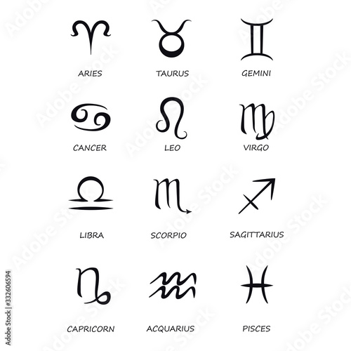 Twelve zodiac signs black vector illustrations set. Celestial symbols with names for horoscope. Pisces, Aries, Libra astrological silhouette signs. Virgo, Scorpio symbols glyph icons pack