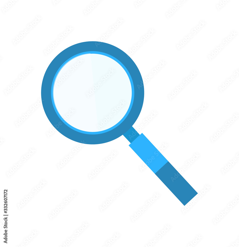 Magnifying glass symbol, researching optical element. Discovery instrument in blue color, lens enlarging objects, flat handle loupe of exploration vector Magnifying glass symbol, researching optical element. Discovery instrument in blue color, lens enlarging objects, flat handle loupe of exploration vector