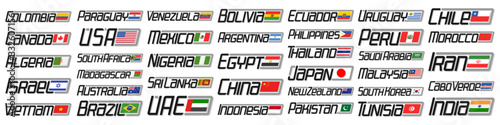 Vector set of American and Asian Countries Flags, 38 decorative isolated signs with national state flags and original letters for different words, industry design export icons with many various flags.