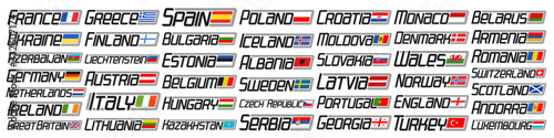 Vector set of European Countries Flags, 44 decorative isolated signs with national state flags and original letters for different words, industry design export nameplates with variety european flags.