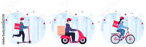 COVID-19. Coronavirus epidemic. Delivery service. Couriers in protective masks on a bicycle, scooter, motorcycle deliver goods and food to people in quarantine. Stay home concept.