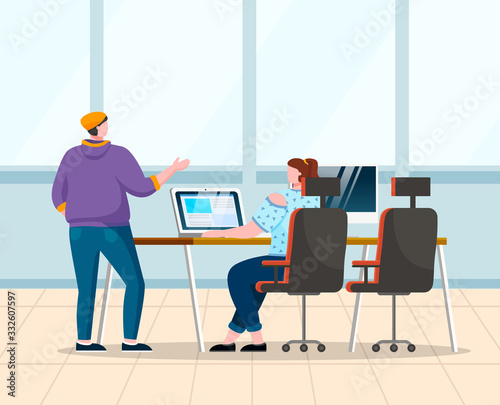 Man and woman talk about work at office open space. Lady sit on chair by table and type on laptop. Colleagues and teammates working together. Vector illustration of coworkers conversation in flat