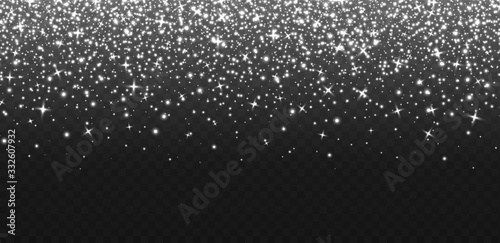 Falling silver sparkles, abstract luminous particles, white stardust isolated on a dark background. Flying Christmas glares and sparks. Luxury backdrop. Vector illustration.