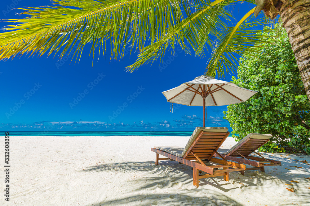 Luxury vacation, summer vibes. Tranquil beach scene. Exotic tropical beach  landscape for background or wallpaper. Design of summer vacation holiday  concept. Exotic travel destination Stock Photo | Adobe Stock