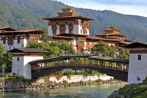 Punakha Dzong in Punakha Bhutan. It is the second oldest and second largest dzong in Bhutan and one of its most majestic structures. photo