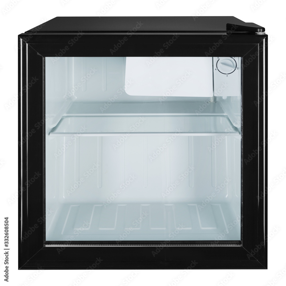 small black refrigerator or mini bar, with a glass door, frontal location, the door is closed, on a white background small black refrigerator or mini bar, with a glass door, frontal location, the door is closed, on a white background
