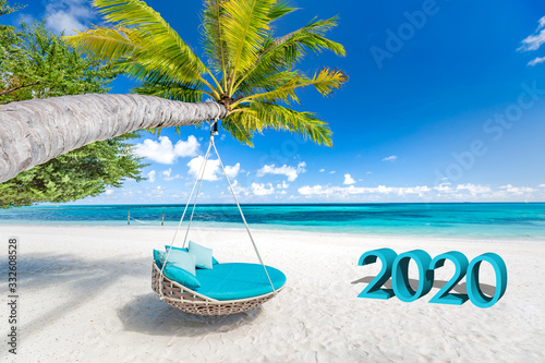 Happy New Year 2020 is coming concept sandy tropical beach lettering. Exotic New Year celebration concept image. Summer vacation and travel landscape with beach swing or hammock.