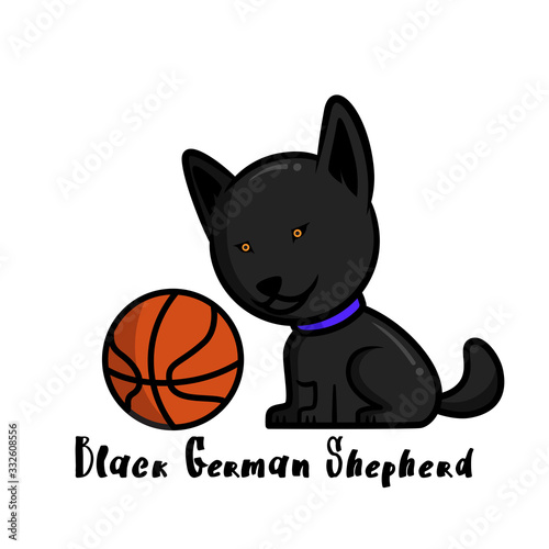 Flat Illustration Design of Dog Breeds, Cute,Big Head,Icon,Mascot in White Background, Black German Shepherd