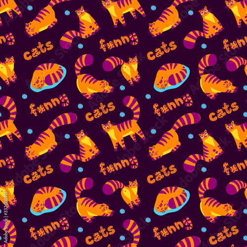 Cute orange funny cats different poses, colorful illustration seamless pattern. Lovely cat. Greeting cards, posters, banners. Vector