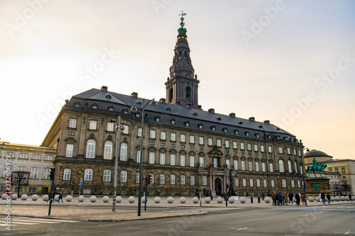 Evening view to Christiansborg Palace in Copenhagen, Denmark. February 2020