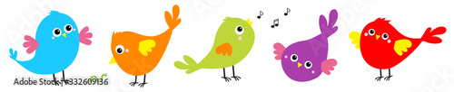 Bird icon set line. Toe trail trace sign track. Cute cartoon kawaii character. Birds baby collection. Decoration element. Singing song. Worm insect, music note. Flat design. White background.
