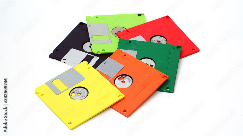 old floppy disk on a white background.Multi-color floppy disk old floppy disk on a white background.Multi-color floppy disk